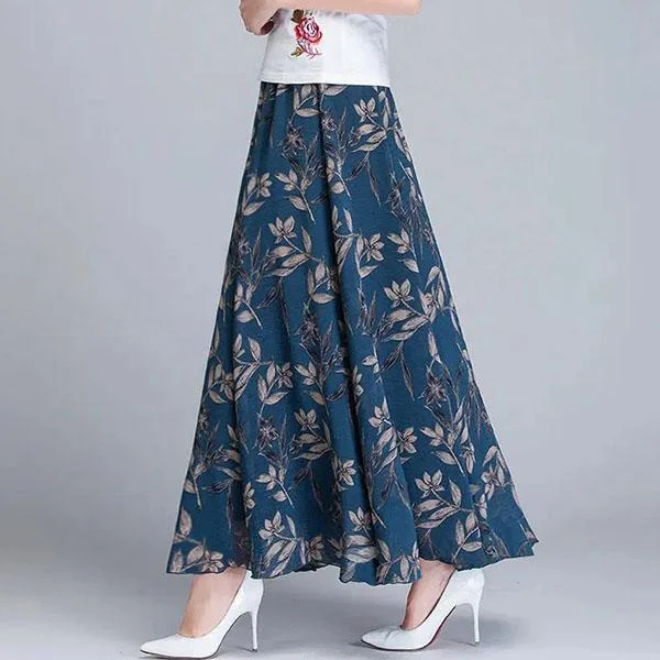 Women's Summer Ice Silk Floral Printing Skirt Elastic High Waist A-line Skirt Large Size Long Large Swing Skirt All-match Casual Skirt chiffon skirt airy