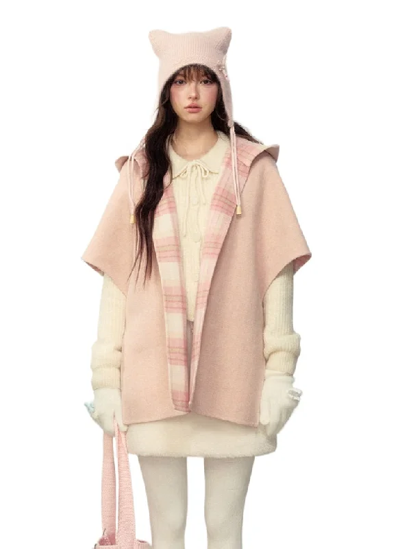 Wool Double-Sided Hooded Cape Coat Hoodie with Illustration Artistic Creative