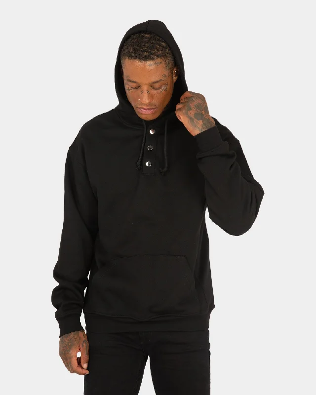 XXIII Snap Button Hoodie Black Hoodie with Rolled Sleeves Casual Relaxed