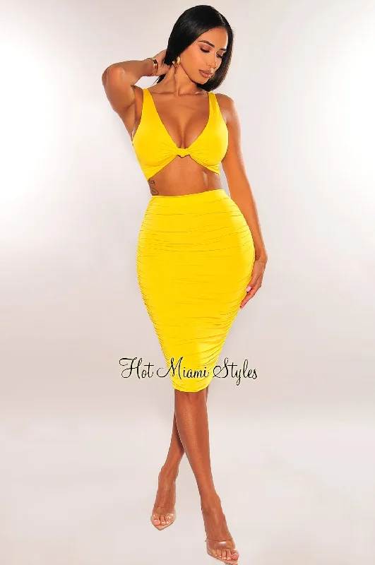 Yellow Sleeveless Knotted Ruched Skirt Two Piece Set belted skirt waist