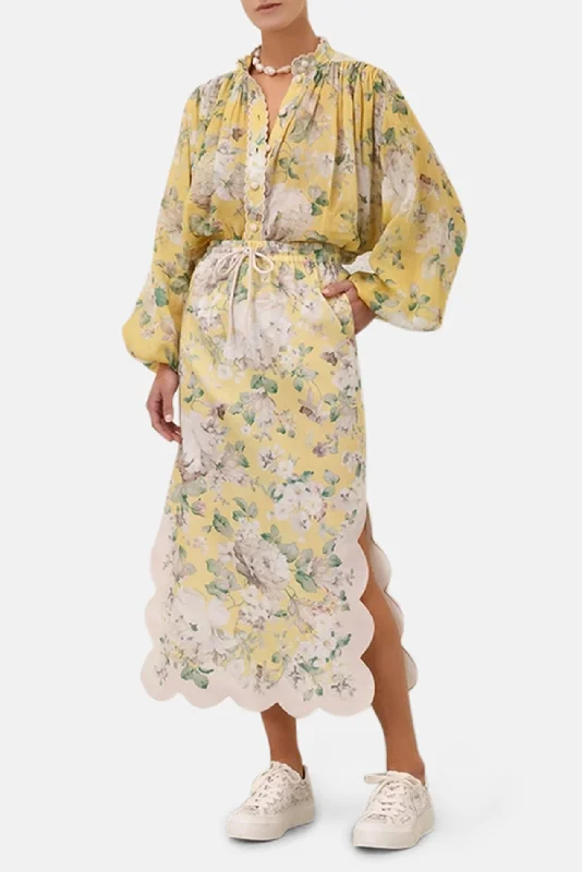 Acacia Scallop Midi Skirt Yellow Floral modal blend skirt
