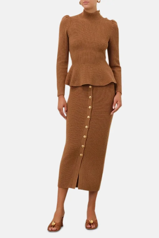 Crush Buttoned Tube Midi Skirt Tan wool skirt sturdy