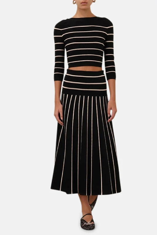 Crush Stripe Midi Skirt Black/Cream zip skirt side